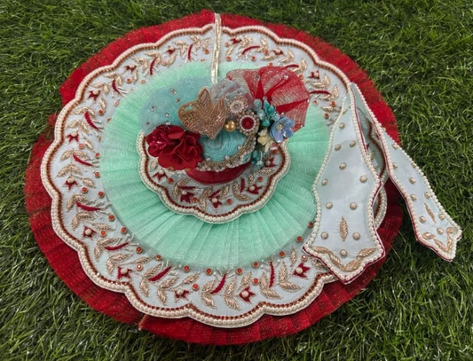 Moti work poshak for Laddu Gopal Ji in seagreen colour with red border