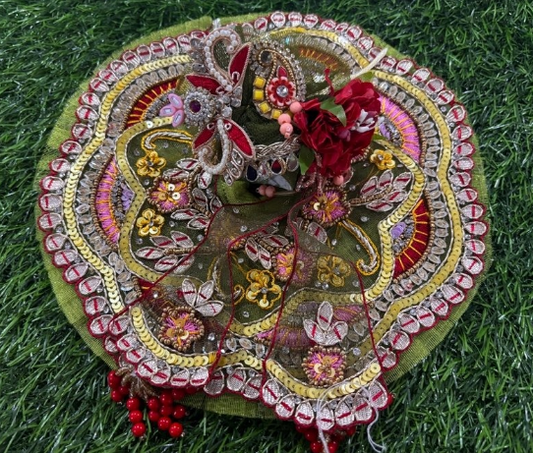 Gotta multiflower work poshak for Laddu Gopal Ji in mehandi colour