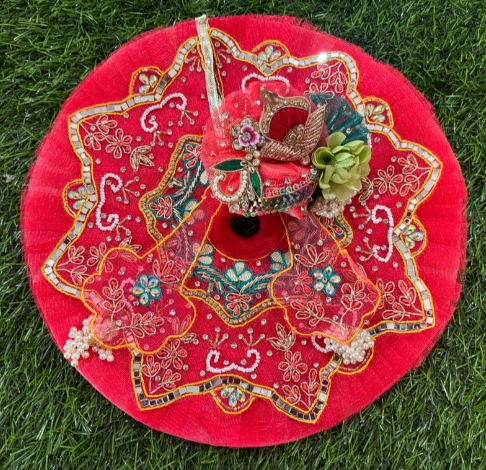 Multi thread work poshak for Laddu Gopal Ji in gajari colour