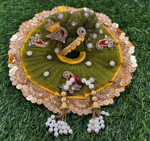 Lace work poshak for Laddu Gopal Ji in mehandi colour
