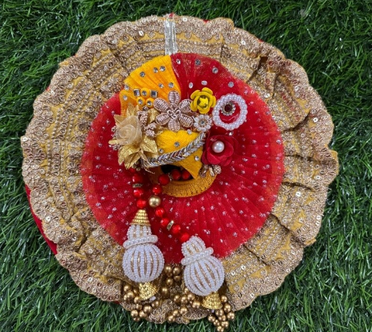 Golden frill lace work poshak for Laddu Gopal Ji in red colour