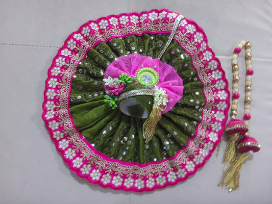 Pink lace work poshak for Laddu Gopal Ji in mehandi colour