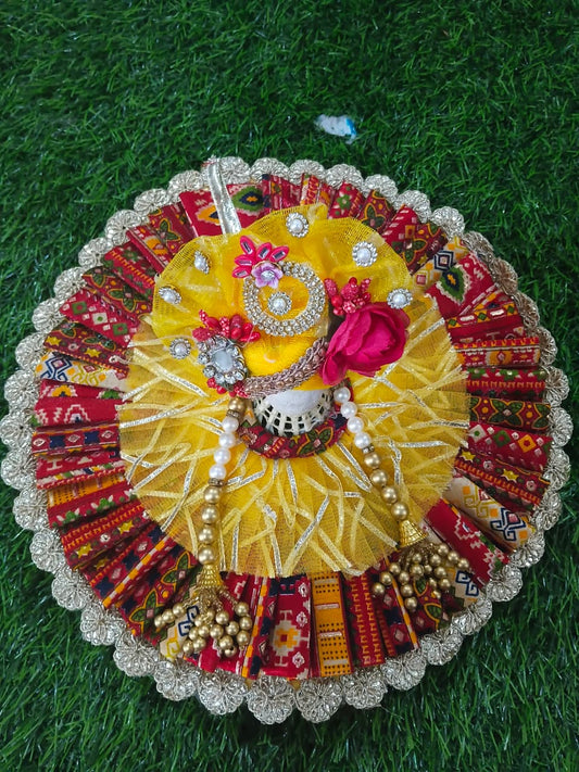 Multi colour frill work poshak for Laddu Gopal Ji in yellow colour