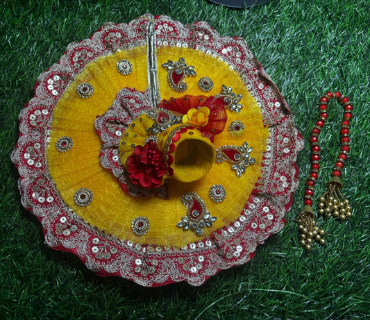 Red Butti work poshak for Laddu Gopal Ji in yellow colour