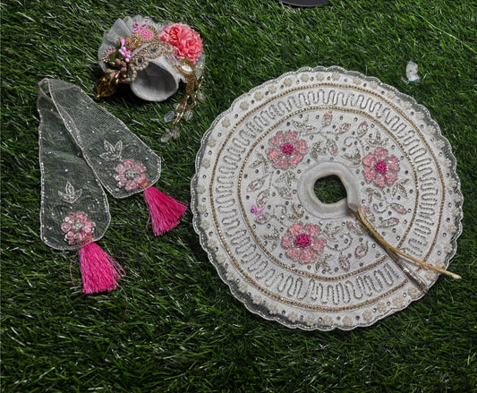 Sharad Purnima fancy poshak for Laddu Gopal Ji in white colour with pink flowers engraved