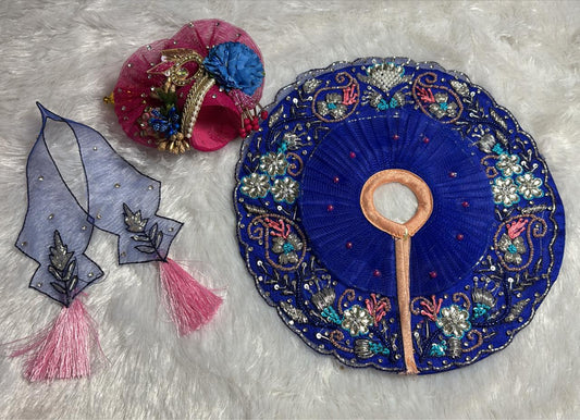 Blue hadwork poshak for Laddu Gopal Ji with pink thread work with moti Fabric used - Net