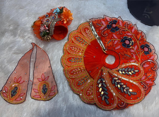 Orange net work with sequence incrafted poshak for Laddu Gopal Ji