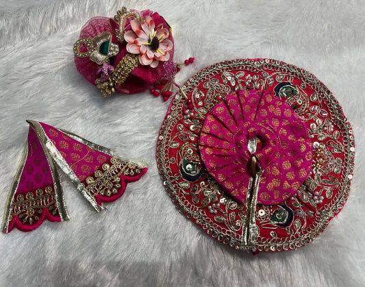 Jamawar cloth with peacock lace work poshak for Laddu Gopal Ji in rani colour