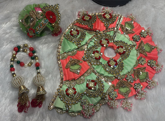 Multi layered butti poshak for Laddu Gopal Ji in green orange colour